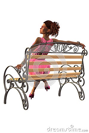 A girl in a light summer pink dress sitting on a park bench Stock Photo