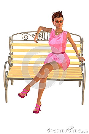 A girl in a light summer pink dress sitting on a park bench Stock Photo