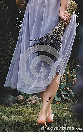 Girl in a lilac skirt with lavender Stock Photo