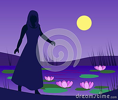 Girl by Lily Pond Stock Photo