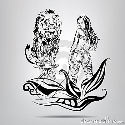 A girl with a lion tamer in the patterns. Vector illustration Vector Illustration