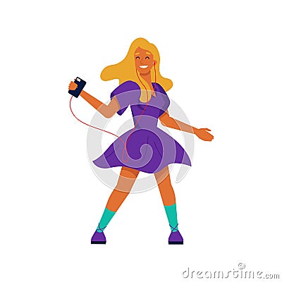 Girl listen music, dance, headphones mobile phone Vector Illustration