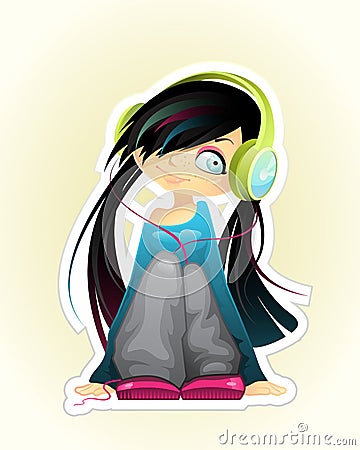 Girl listen to music Cartoon Illustration