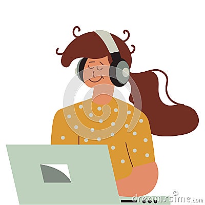 Girl listening to music on laptop and person cartoon woman illustration with headphone. Young female character with computer and Vector Illustration