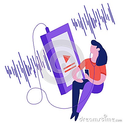 Girl listening to music with player sound wave graphic Vector Illustration