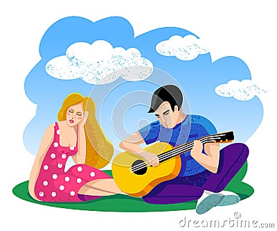 Girl listens as a favorite guy plays the guitar. Vector illustration. Sunny blue sky with white clouds. Couple in love Cartoon Illustration