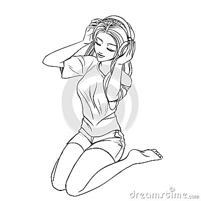 Girl listens music by headphones Vector Illustration