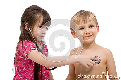 Girl Listens with a Stethoscope Stock Photo
