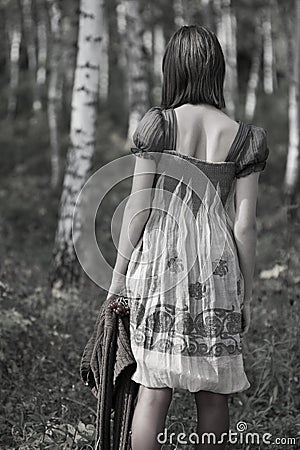 Girl Lonely In The Forest Stock Photo