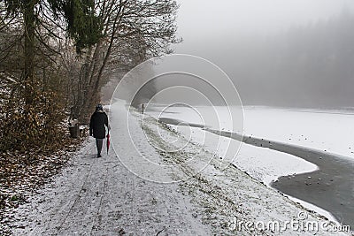 Girl lonely umbrella walking path trees Winter Stock Photo
