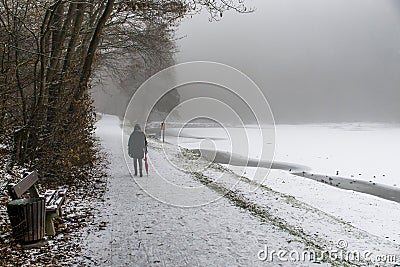 Girl lonely umbrella walking path trees Winter 2 Stock Photo