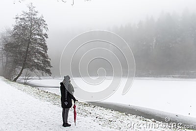 Girl lonely umbrella walking path trees Winter 4 Stock Photo