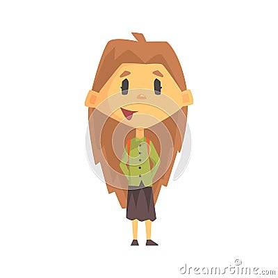 Girl With Long Brown Hair Smiling, Primary School Kid, Elementary Class Member, Isolated Young Student Character Vector Illustration