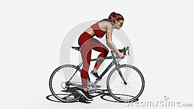 Girl with long hair on a bicycle, athletic woman in sports outfit riding a bike on white background, side view, 3D render Stock Photo