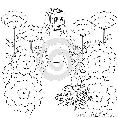 A girl with long hair, in a long dress and with a bouquet in her hands. Outline of a young woman and large flowers, cute Vector Illustration