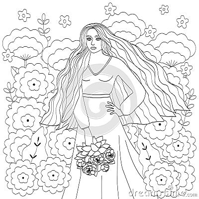 A girl with long hair, in a long dress and with a bouquet in her hands. The outline of a young woman and large flowers. Vector Illustration