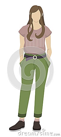 A girl with long hair stands and holds her hands in her pocket. Pink shirt, khaki breeches Vector Illustration