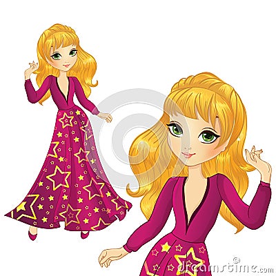 Girl In Long Star Dress Vector Illustration