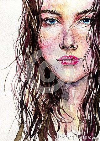 Girl with long wavy brown hair hand drawn watercolor illustration Cartoon Illustration