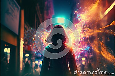 Girl looking into the future, dynamic explosion of color Stock Photo
