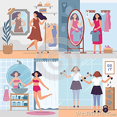 Girl looking in mirror. Women in stylish dressing room, bathroom and gym look in mirrors. Happy reflection in mirror Vector Illustration