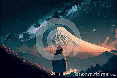 Girl looking at the mount fuji during the night. Vector art of anime woman stargazing. Beautiful Vector Illustration