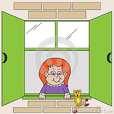 Girl Looking out Window Vector Illustration