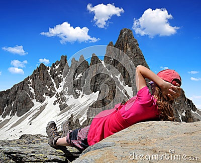 Girl looking at the Paternkofel Stock Photo