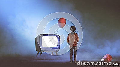 Girl looking at red balloon coming out of TV Cartoon Illustration