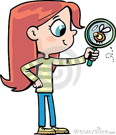 Girl looks through a magnifying glass Vector Illustration