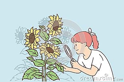 Girl looks at sunflowers through magnifying glass, wishing to become farmer or botanist Vector Illustration