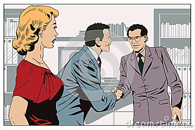 Girl looks at Two business man shaking hands. Stock illustration Vector Illustration