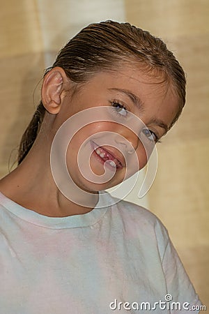 Girl loses front tooth headshot Stock Photo