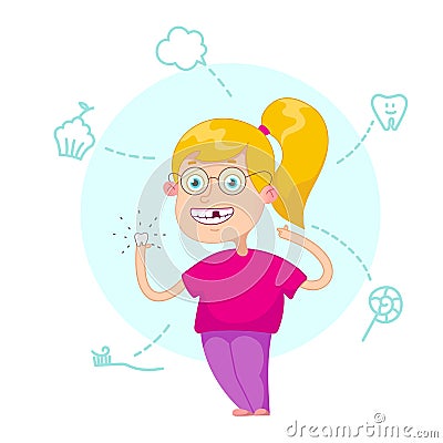 Girl lost a tooth. Vector Illustration