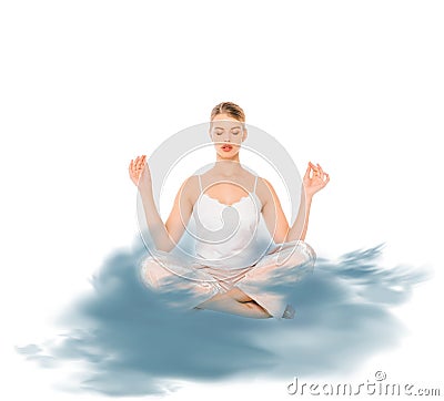 Girl in lotus pose meditating with blue cloud Cartoon Illustration