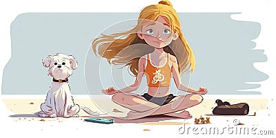 A girl in lotus pose on serene beach, practicing yoga with dog nearby. Cartoon style Cartoon Illustration