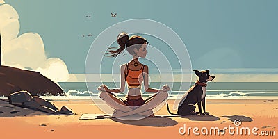 A girl in lotus pose on serene beach, practicing yoga with dog nearby. Cartoon style illustration Stock Photo