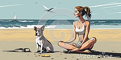 A girl in lotus pose on serene beach, practicing yoga with dog nearby. Cartoon style illustration Stock Photo