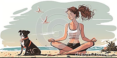 A girl in lotus pose on serene beach, practicing yoga with dog nearby. Cartoon style Cartoon Illustration