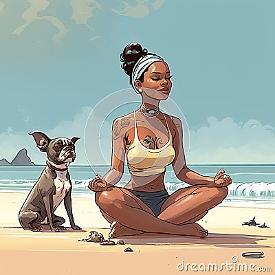 A girl in lotus pose on serene beach, practicing yoga with dog nearby. Cartoon style illustration Stock Photo