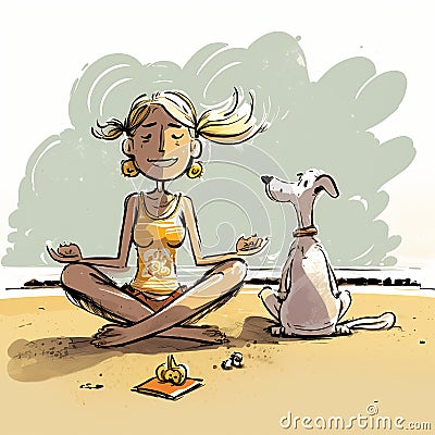 A girl in lotus pose on serene beach, practicing yoga with dog nearby. Cartoon style illustration Stock Photo