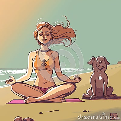 A girl in lotus pose on serene beach, practicing yoga with dog nearby. Cartoon style illustration Stock Photo