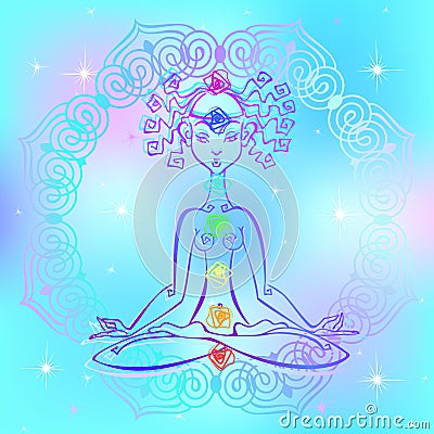 Girl in the Lotus position and chakras of man. Reiki energy. Vector Vector Illustration