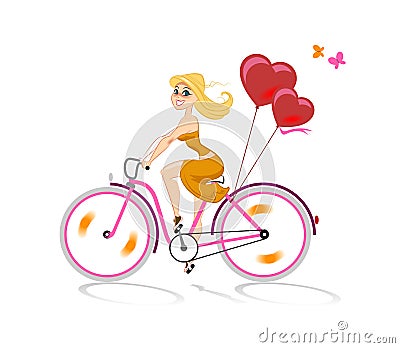 Girl in love goes by bicycle Vector Illustration