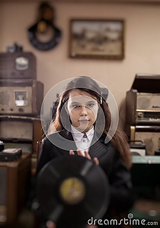 Girl with LP record Stock Photo