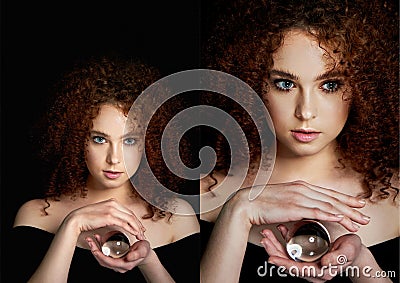 A girl with lush curly red hair. Holds in his hands a glass globe. Mystery,a premonition of the future. Collage Stock Photo