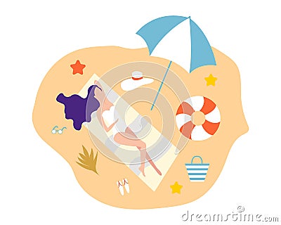 Girl lying on beach in a sweemsuit and a hat. Girls relax on the beach. Vector Illustration