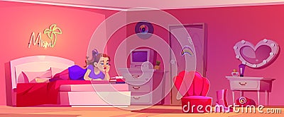 Girl lying in bedroom with groovy pink interior Cartoon Illustration