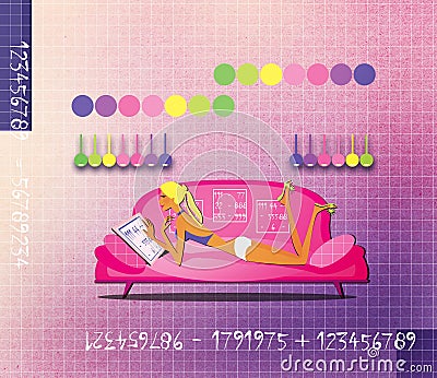 Girl is lying on the couch surrounded by mathematical tables. Numerology. Fortunetelling Stock Photo