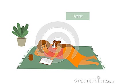 Girl lying down on the floor with her pet dog, reading a book, enjoying being home Vector Illustration